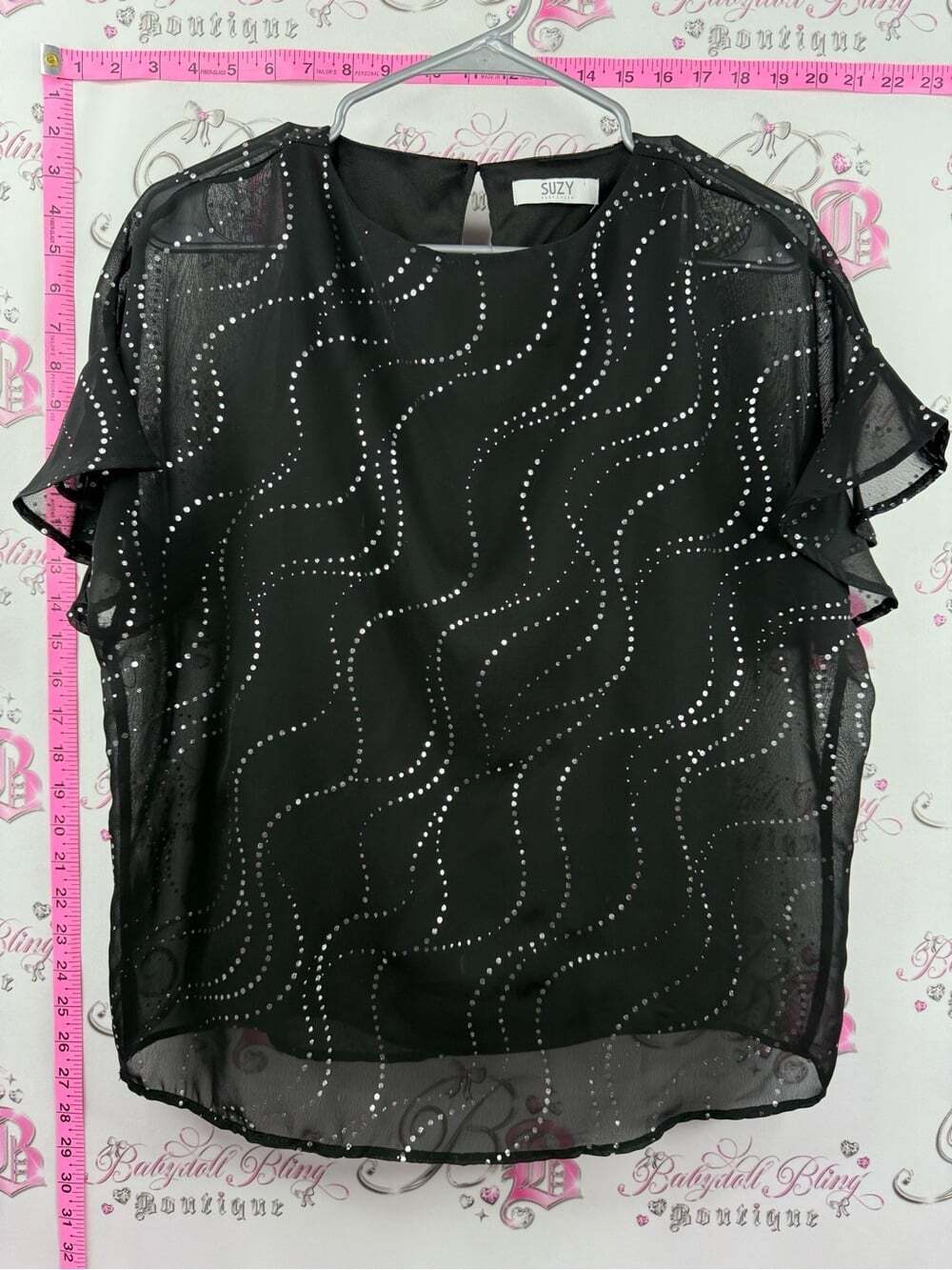 Suzy Shier shirt ruffle details Black Sheer Blouse polka dots silver Wave Detail